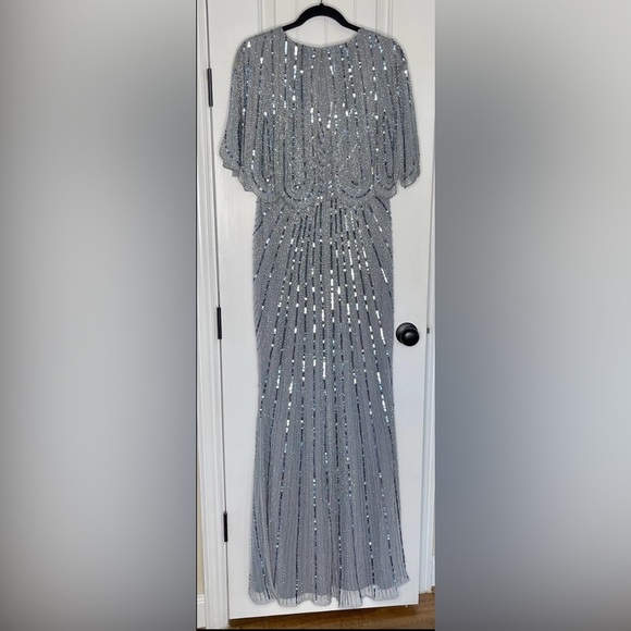 NWT Mac Duggal 93583 Beaded Cape Sleeve Column Gown Slate Blue Sz 8 $698 - Picture 5 of 16